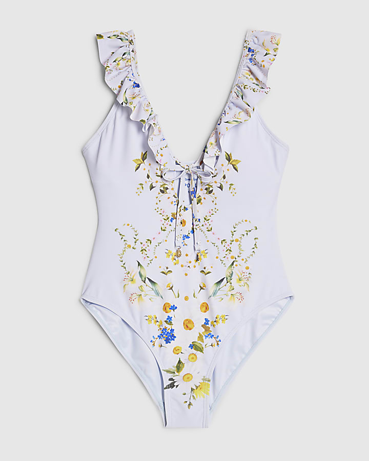 Blue Floral Print Swimsuit