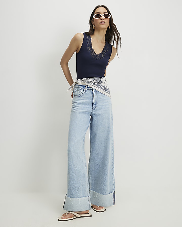 Navy Lace Trim Tank Top