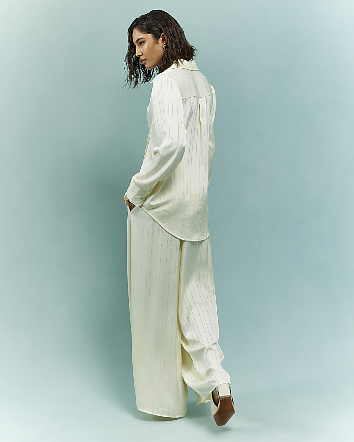 Cream Stripe Wide Leg Trousers