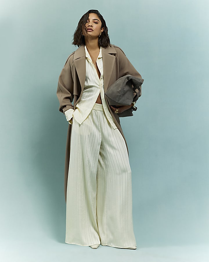 Cream Stripe Wide Leg Trousers
