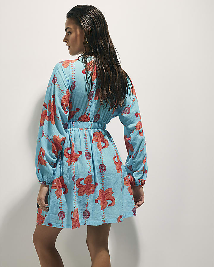 Blue Palm Print Mini Dress