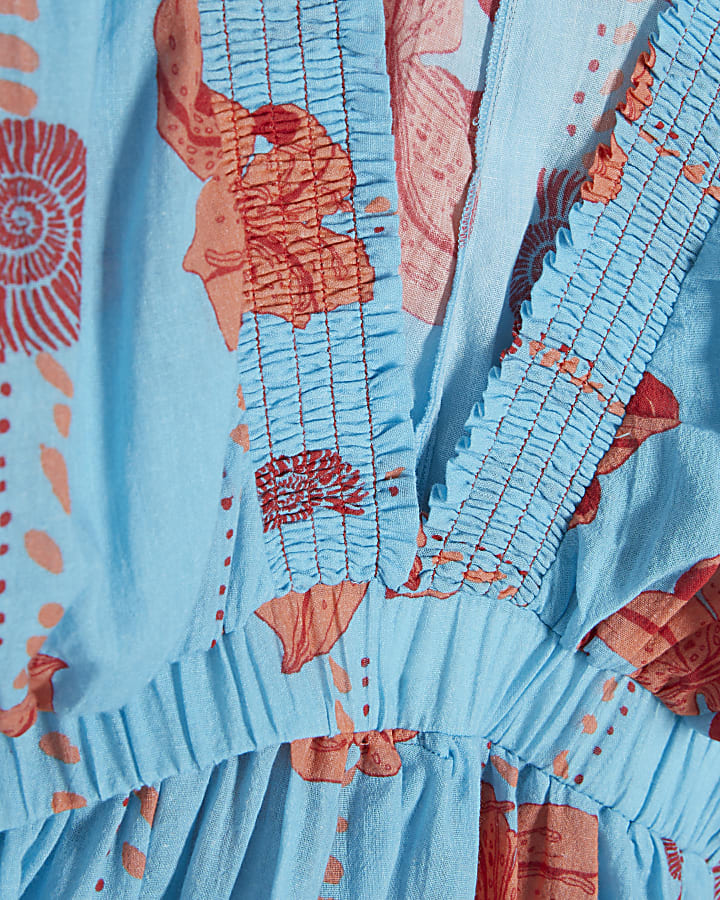 Blue Palm Print Long Sleeve Mini Beach Dress