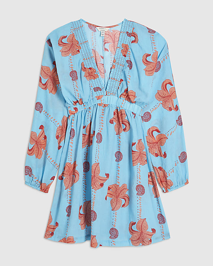 Blue Palm Print Long Sleeve Mini Beach Dress