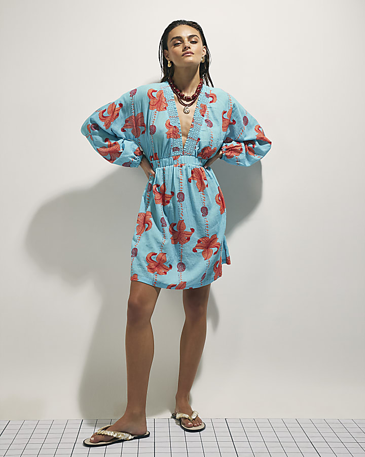 Blue Palm Print Mini Dress