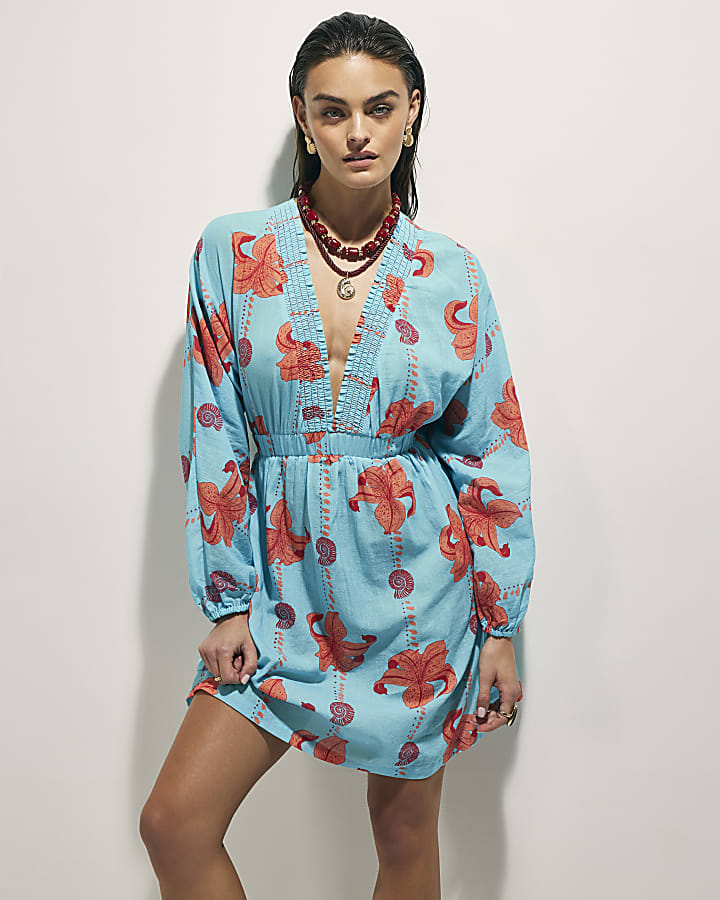 Blue Palm Print Mini Dress