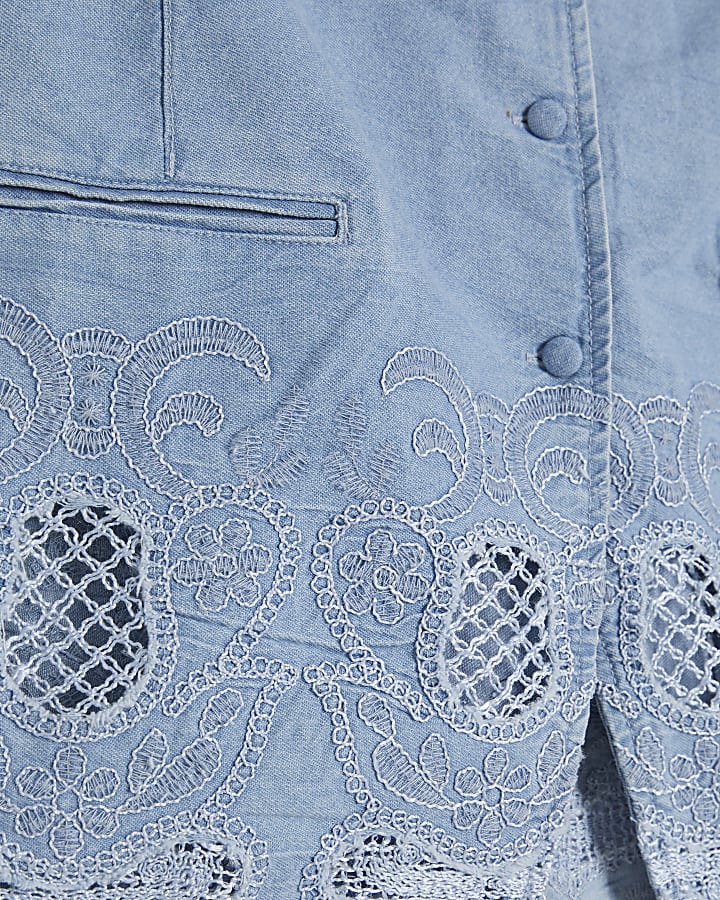 Blue Denim Cutwork Longline Waistcoat