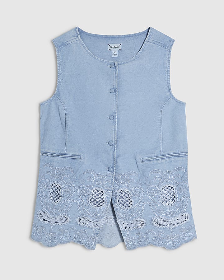 Blue Denim Cutwork Longline Waistcoat