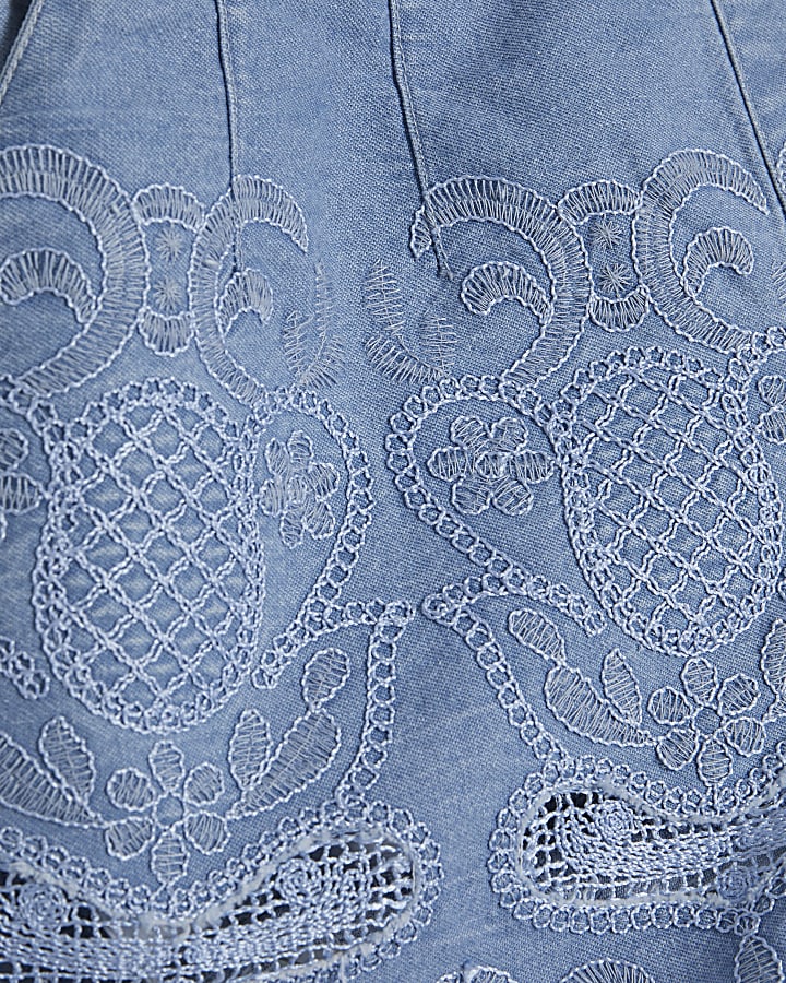 Blue Embroidered Elastic Denim Shorts