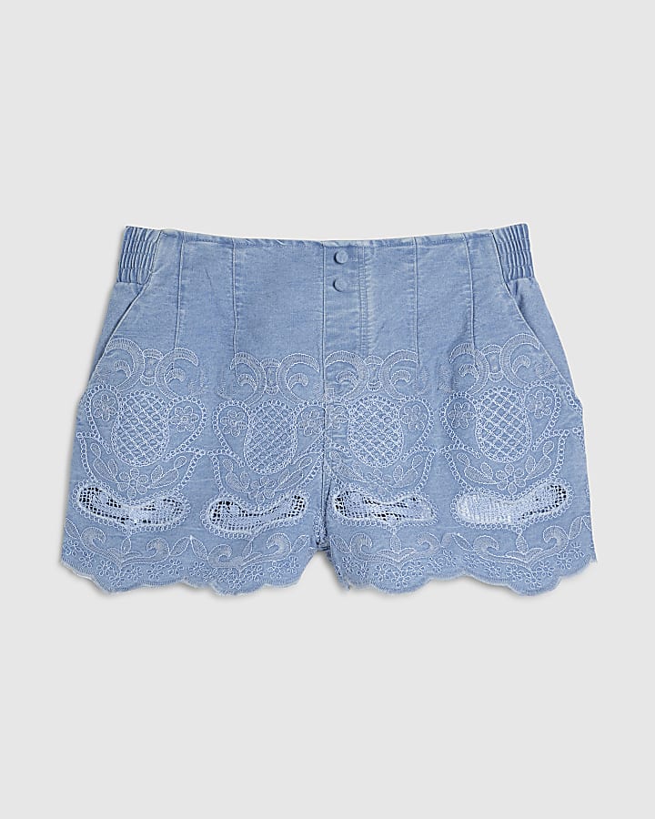 Blue Embroidered Elastic Denim Shorts