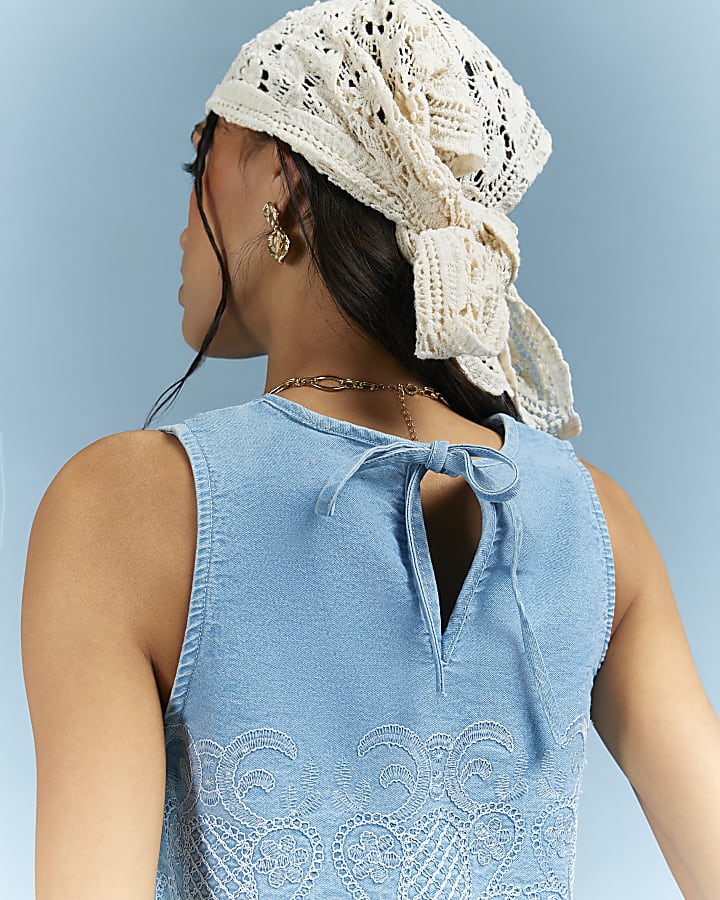 Blue Embroidered Denim Shell Crop Top