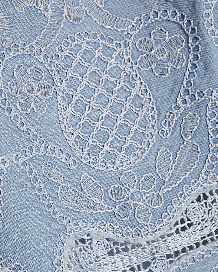 Blue Embroidered Denim Shell Crop Top