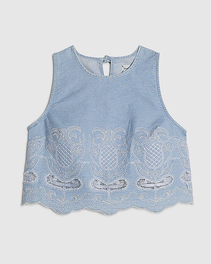 Blue Embroidered Denim Shell Crop Top