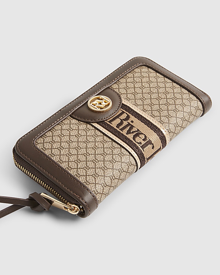 Brown Monogram Print Webbing Front Purse