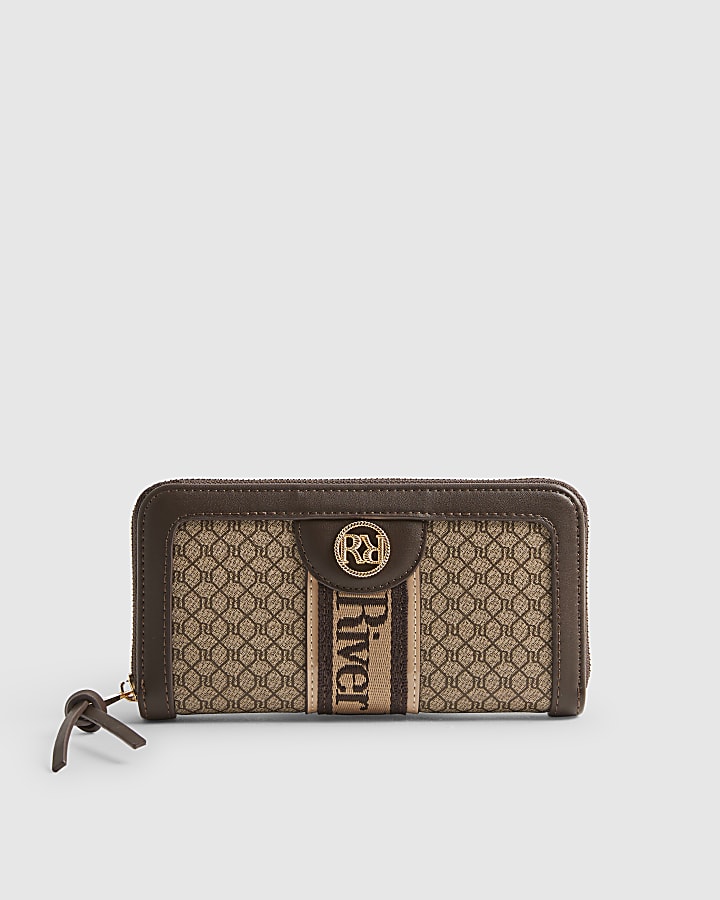 Brown Monogram Print Webbing Front Purse