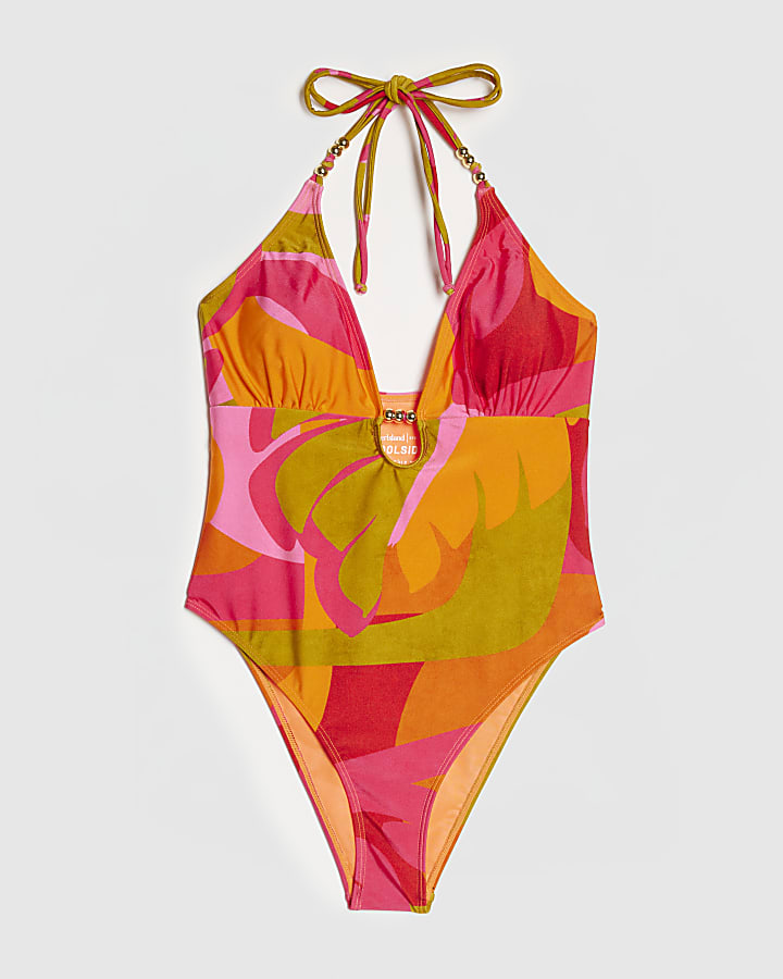 Pink Leaf Print Swimsuit