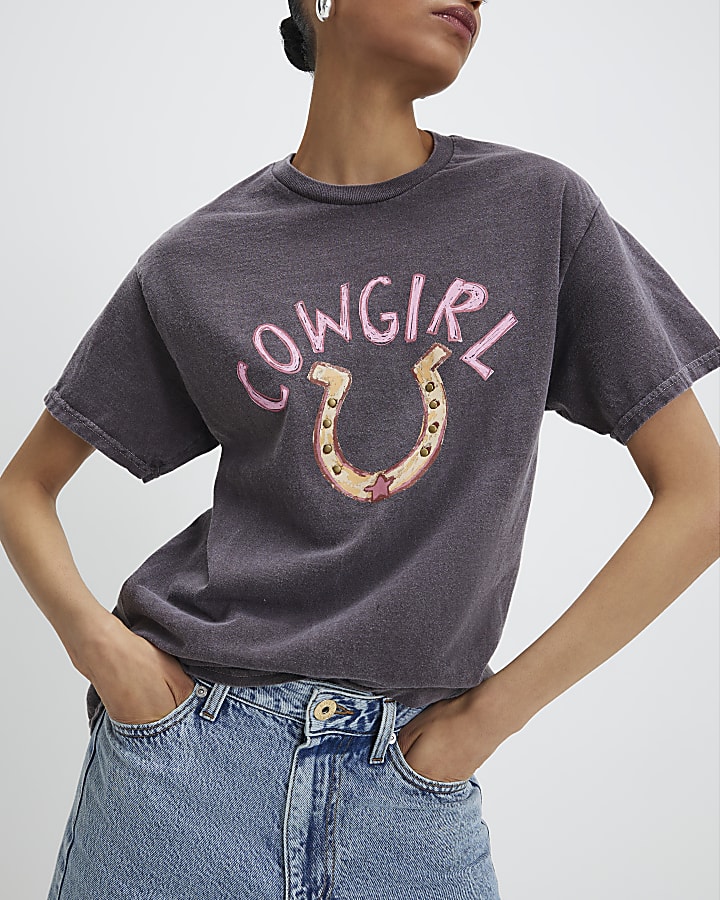 Brown Short Sleeve Cowgirl Horseshoe T-Shirt
