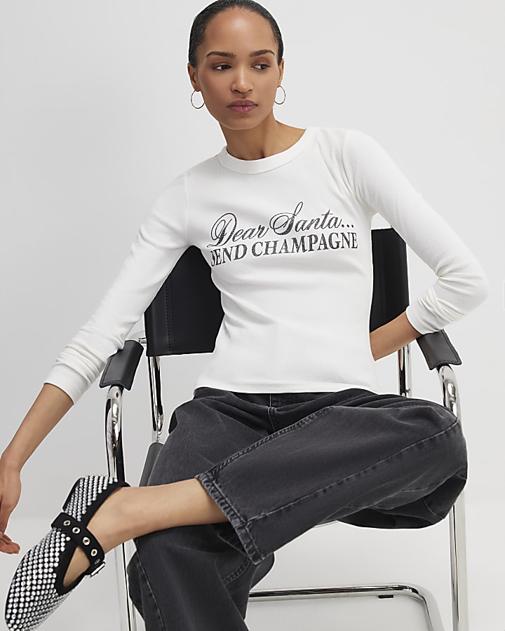 Cream Long Sleeve Dear Santa Fitted Top