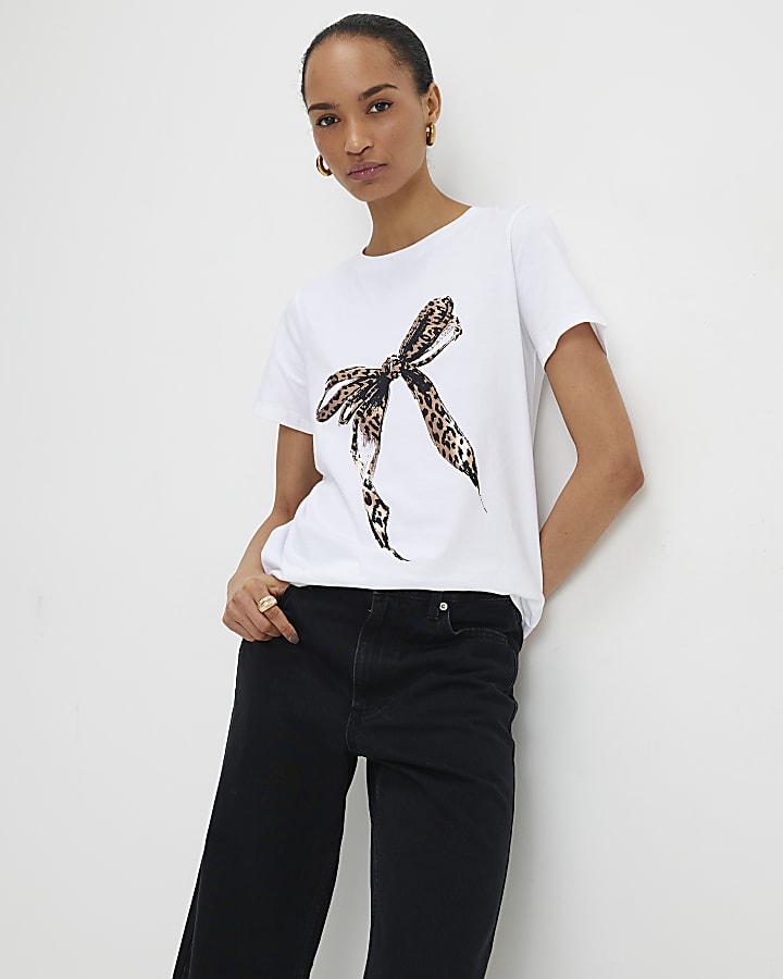 White Sketchy Foil Leopard Bow T-Shirt