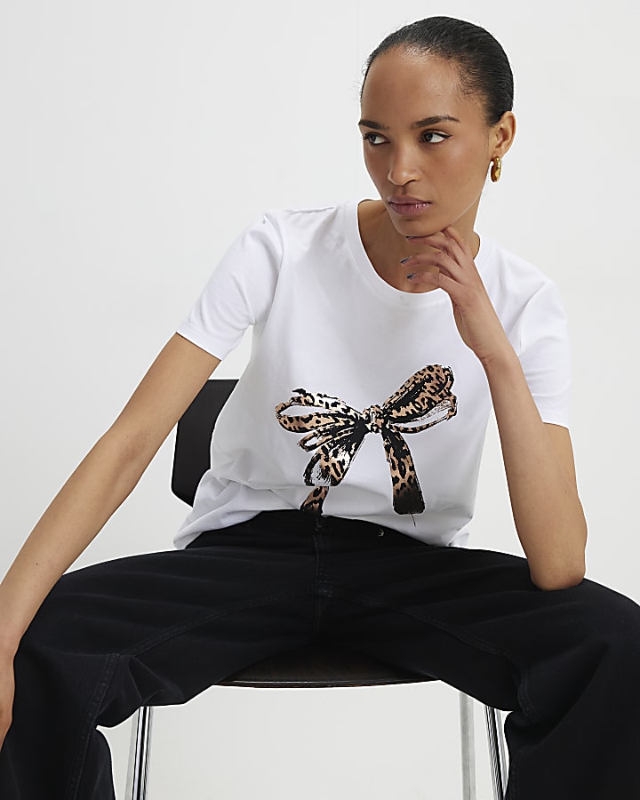 White Sketchy Foil Leopard Bow T-Shirt