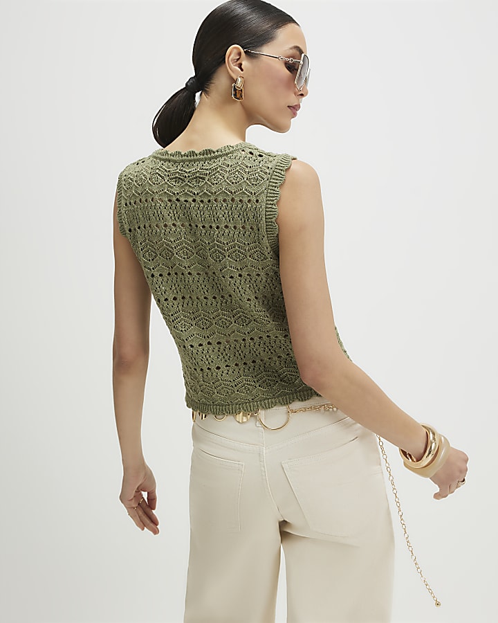 Khaki Metallic Knit Scallop Trim Top