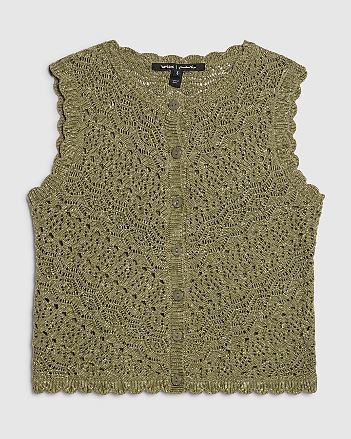 Khaki Metallic Knit Scallop Trim Top