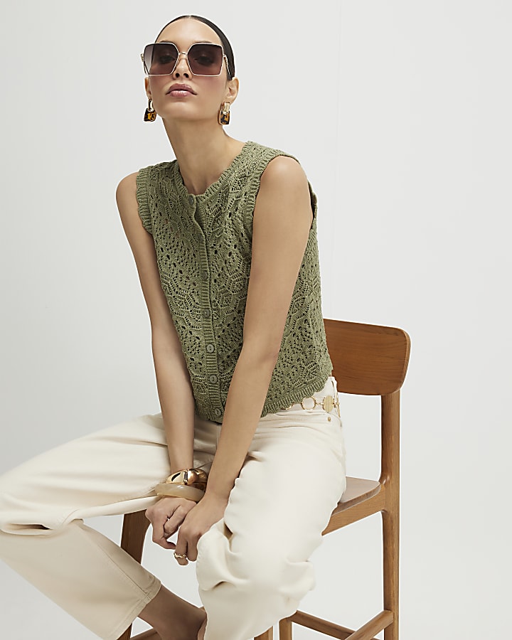 Khaki Metallic Knit Scallop Trim Top