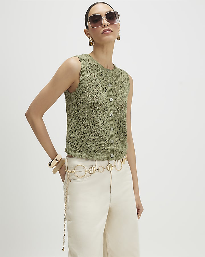 Khaki Metallic Knit Scallop Trim Top