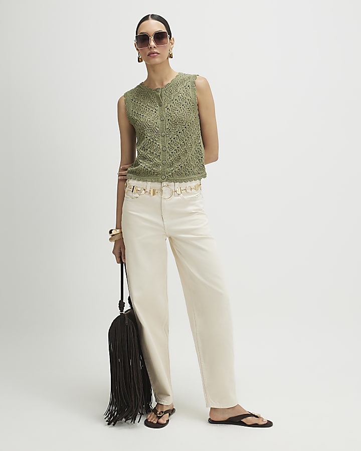 Khaki Metallic Knit Scallop Trim Top