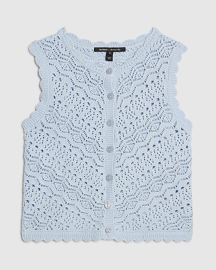 Blue Knit Scallop Trim Top