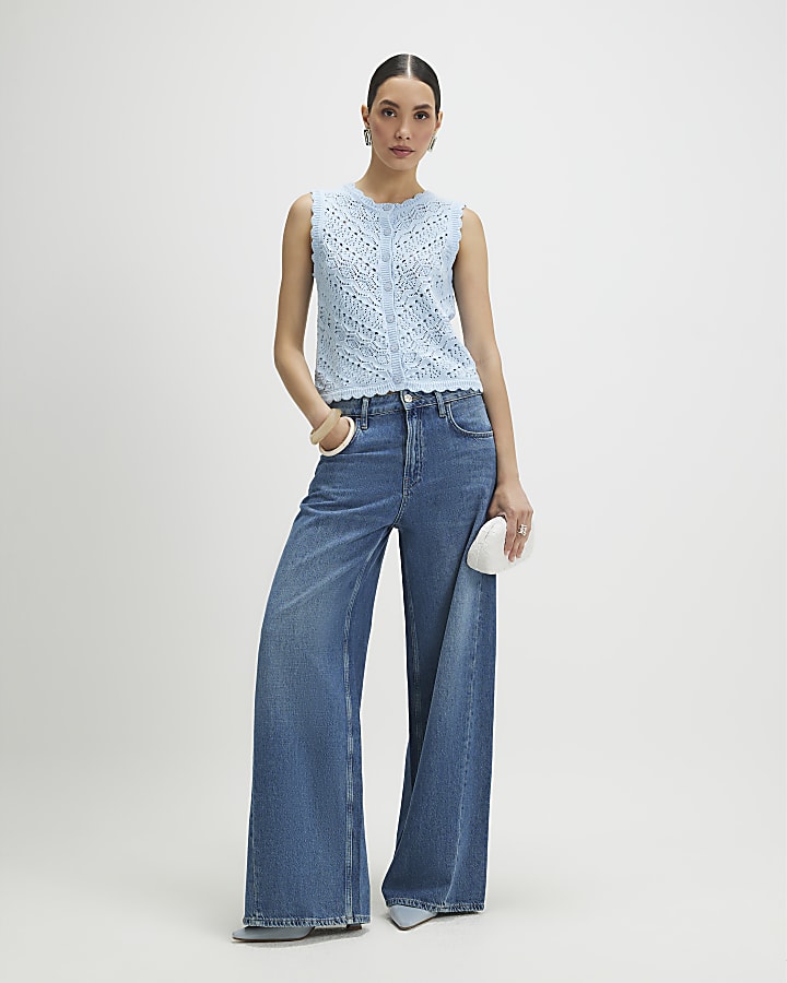 Blue Knit Scallop Trim Top