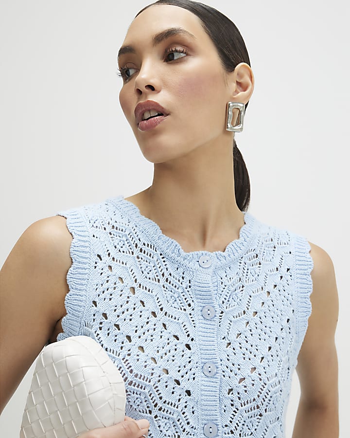 Blue Knit Scallop Trim Top