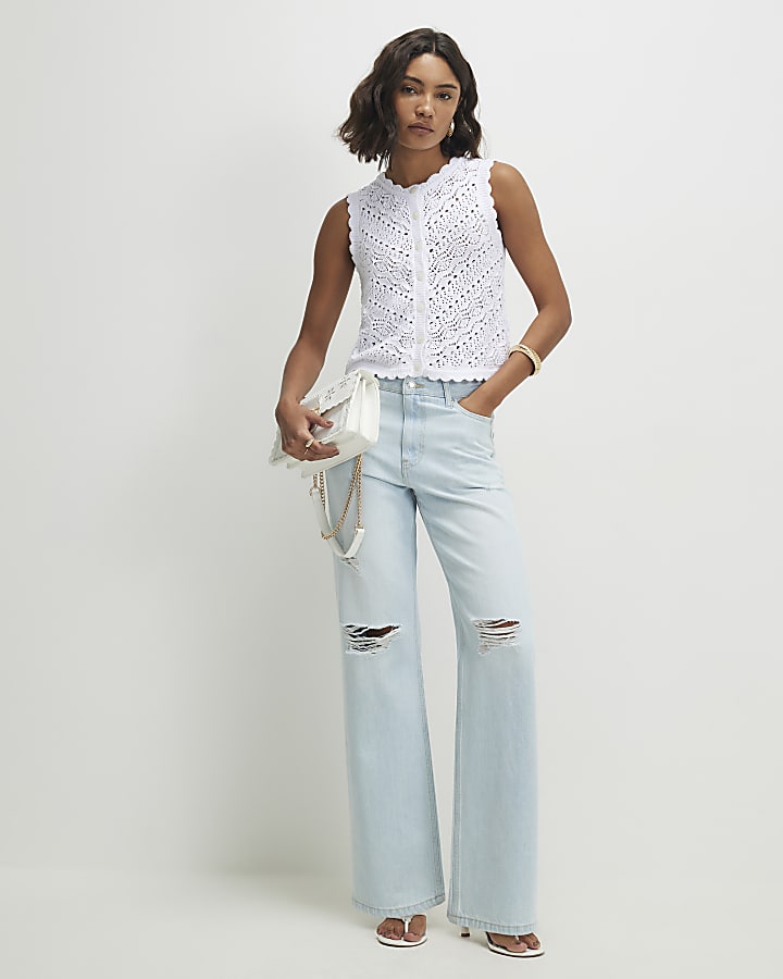 White Knit Scallop Trim Top