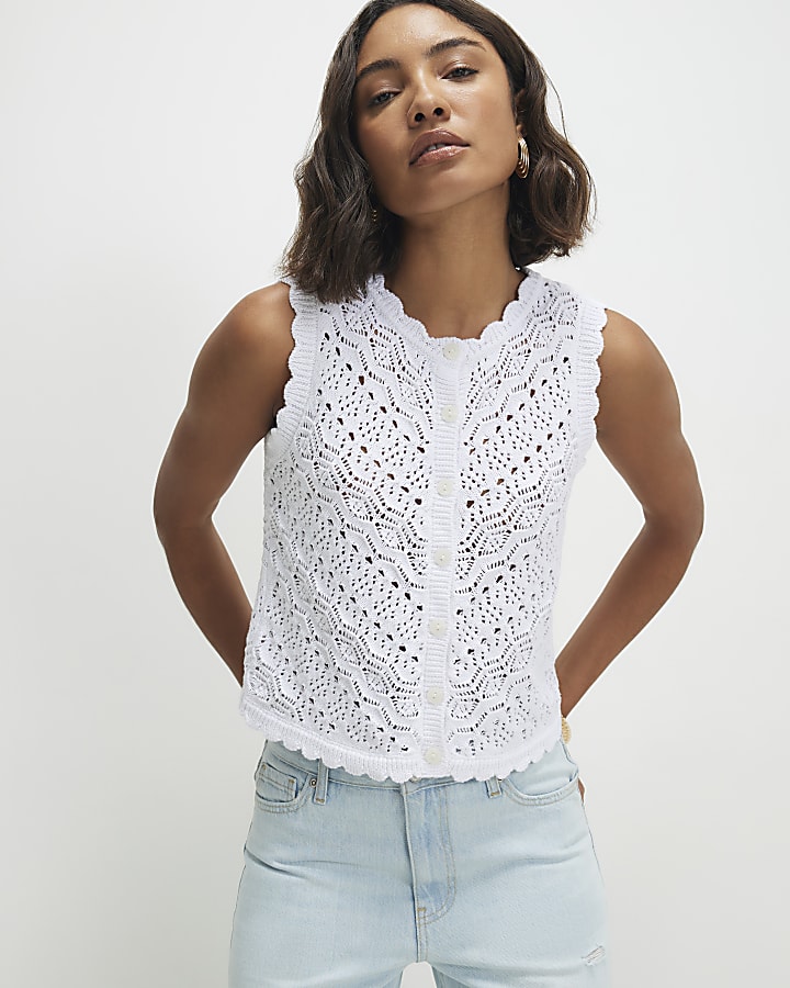 White Knit Scallop Trim Top