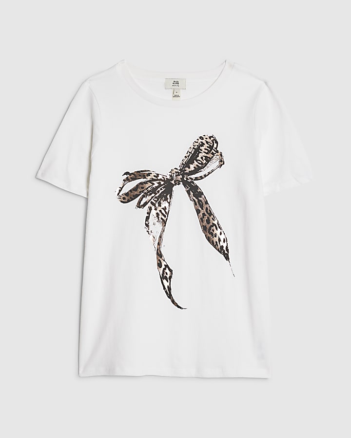 Petite White Animal Print Bow T-shirt
