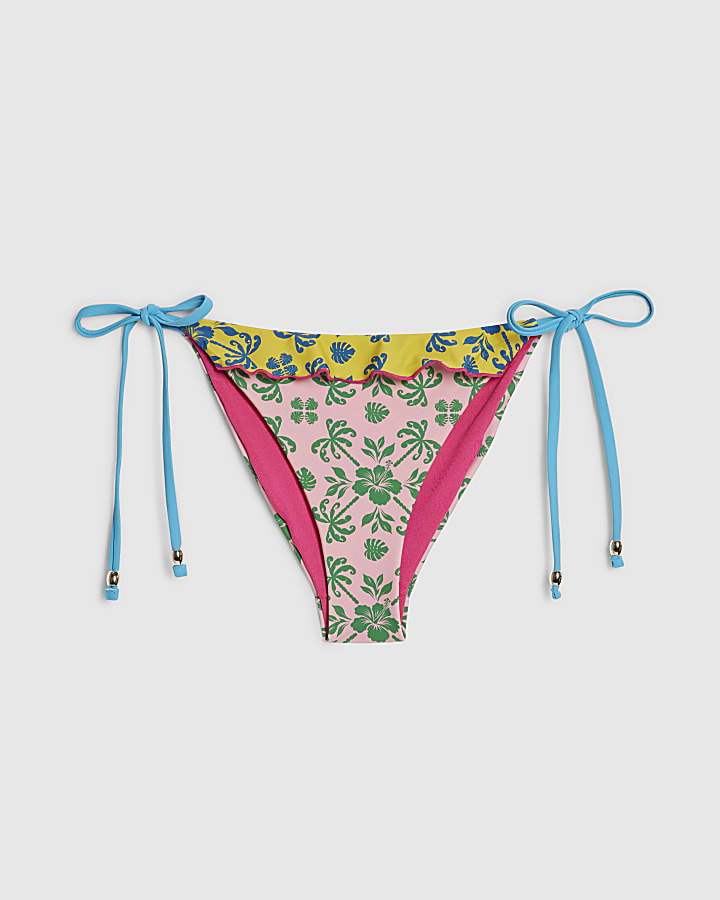 Pink Ruffle Frill Tie Side Bikini Bottoms