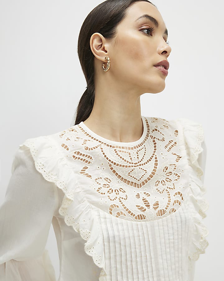 Cream Cutwork Ruffle Blouse