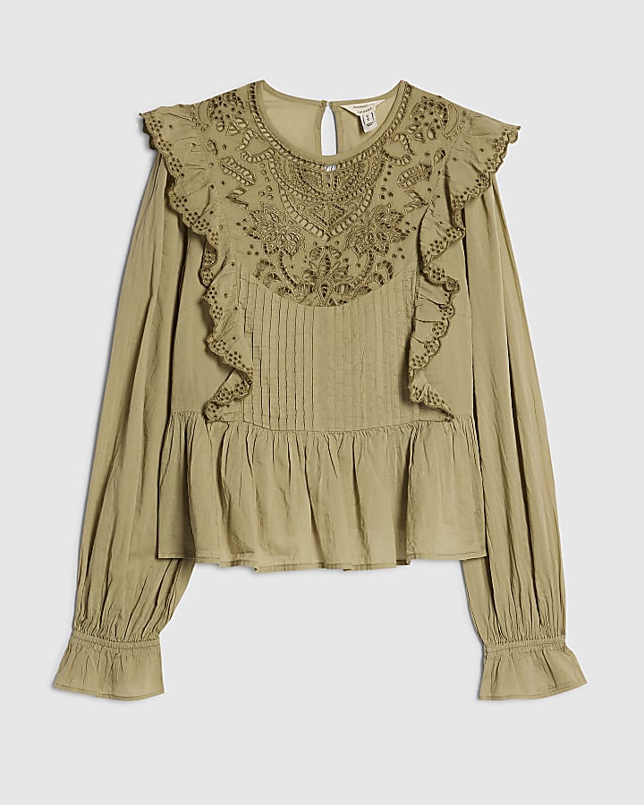 Khaki Cutwork Ruffle Blouse