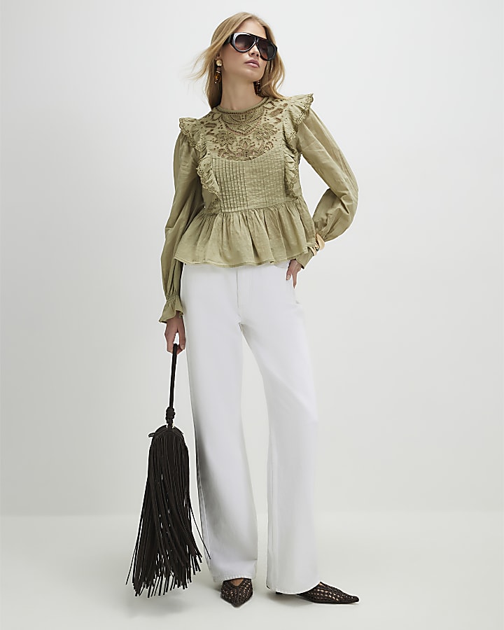 Khaki Cutwork Ruffle Blouse