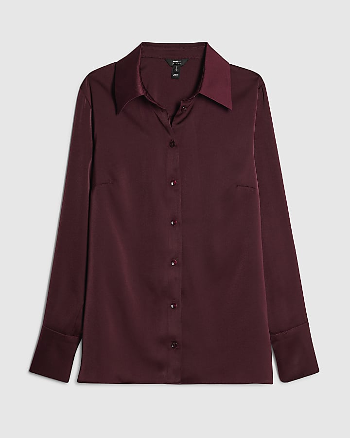 Red Satin Long Sleeve Slim Fit Shirt