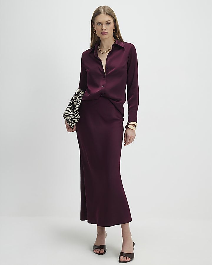 Red Satin Long Sleeve Slim Fit Shirt