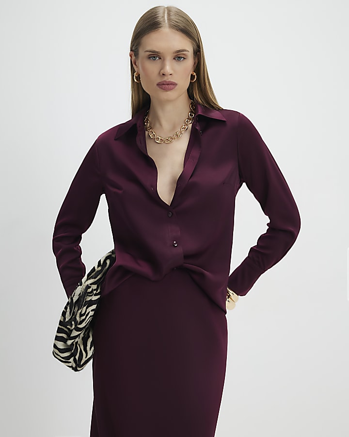 Red Satin Long Sleeve Slim Fit Shirt