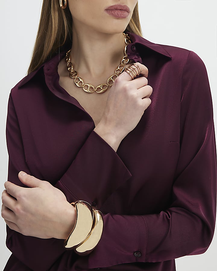 Red Satin Long Sleeve Slim Fit Shirt