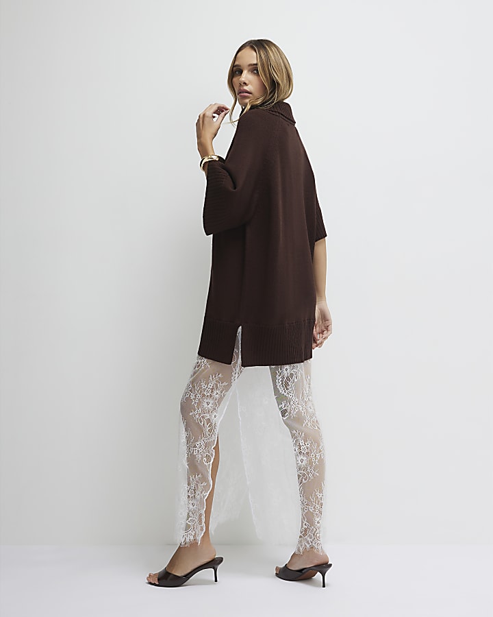 Brown Hybrid Lace Hem Midi Dress