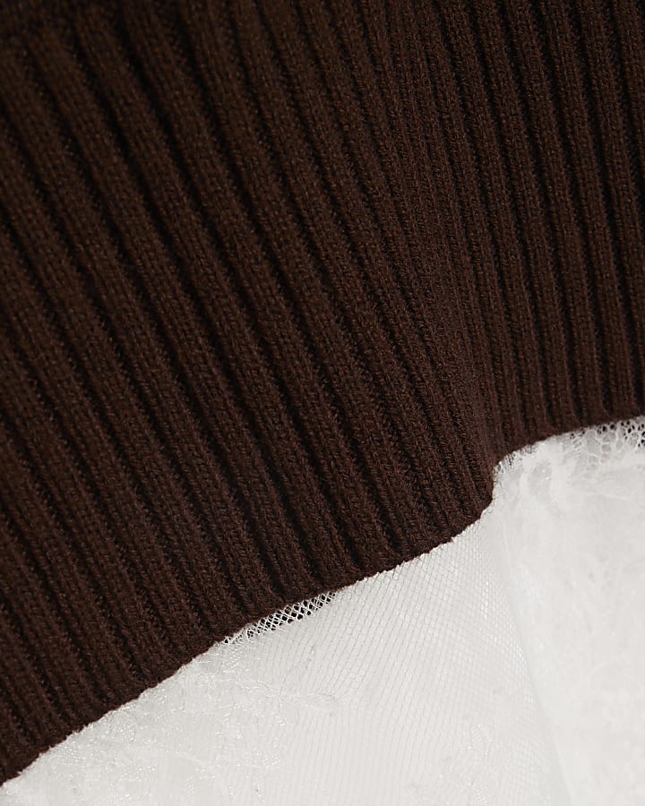 Brown Hybrid Lace Hem Midi Dress