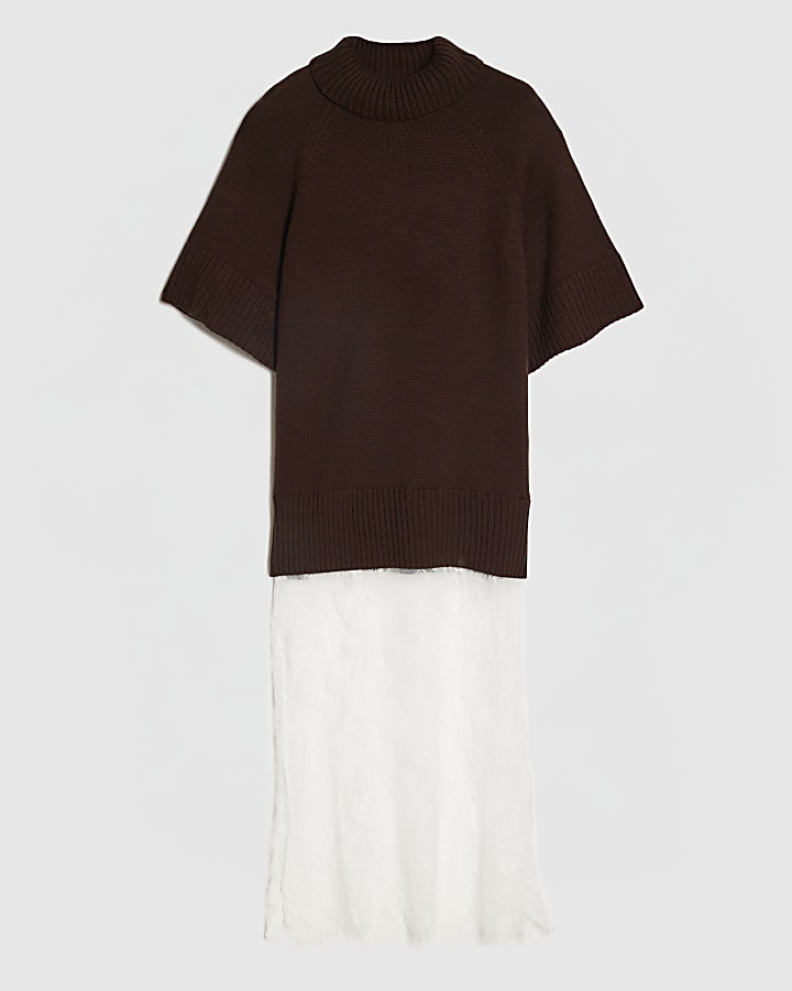 Brown Hybrid Lace Hem Midi Dress