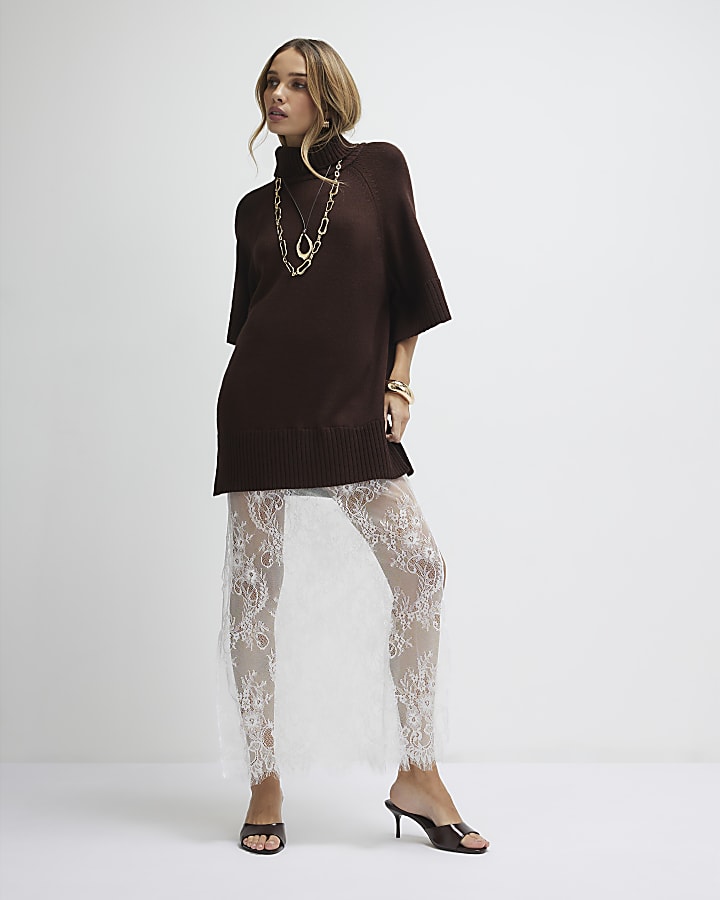Brown Hybrid Lace Hem Midi Dress