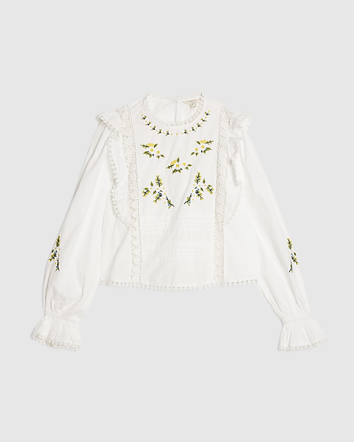 White Daisy Embroidered Frill Blouse