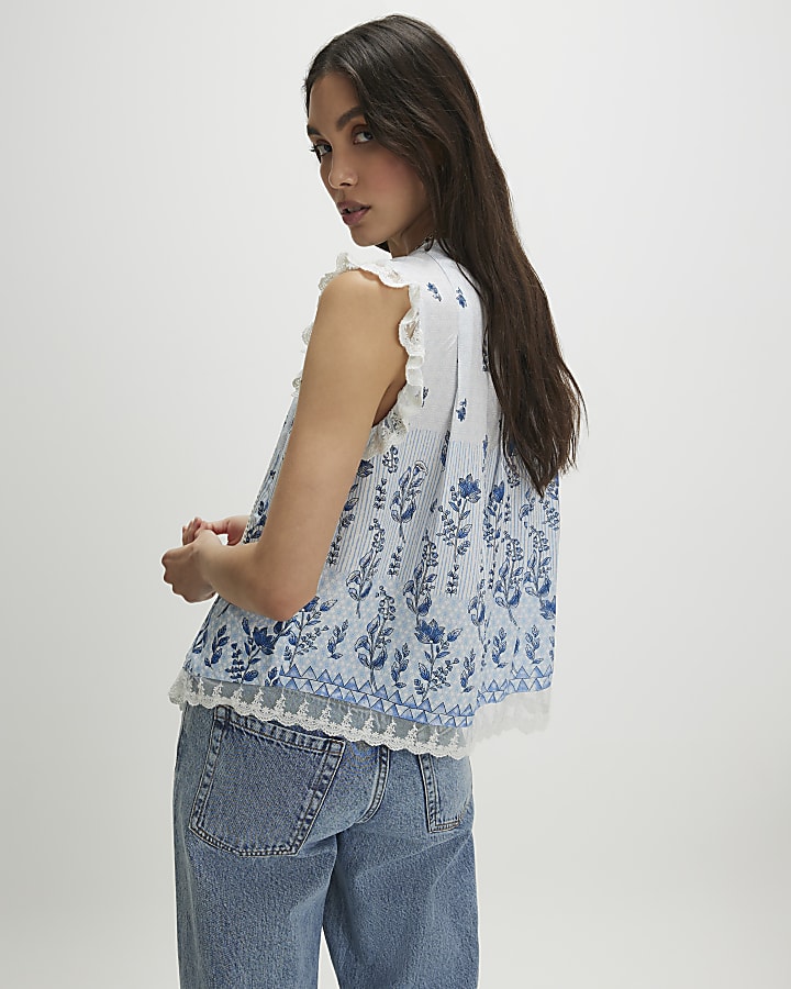 White Sleeveless Lace Trim Floral Blouse