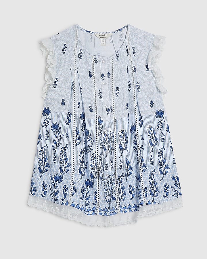 White Sleeveless Lace Trim Floral Blouse