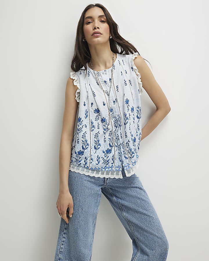 White Sleeveless Lace Trim Floral Blouse